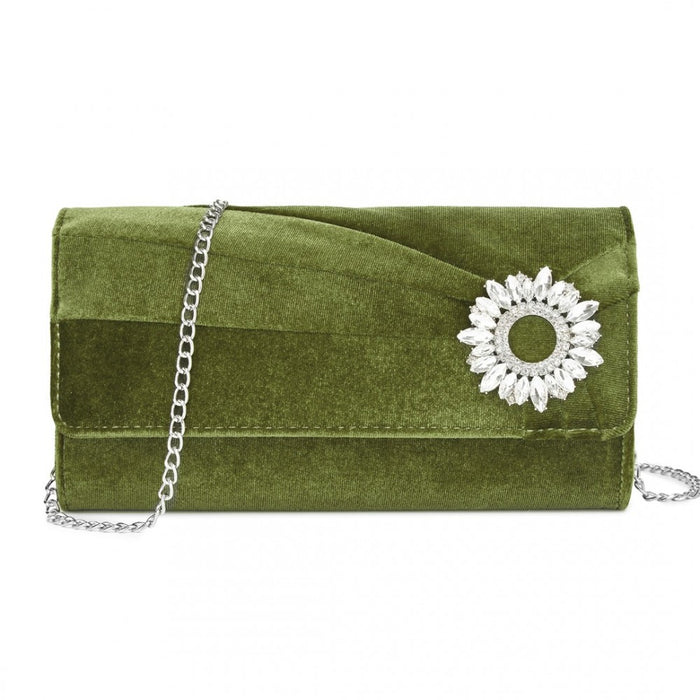 Velvet Evening Clutch with Crystal Ring and Detachable Chain Strap – Green