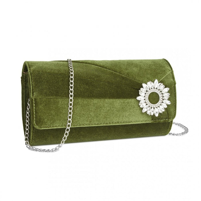 Velvet Evening Clutch with Crystal Ring and Detachable Chain Strap – Green