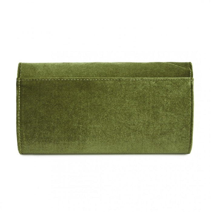 Velvet Evening Clutch with Crystal Ring and Detachable Chain Strap – Green