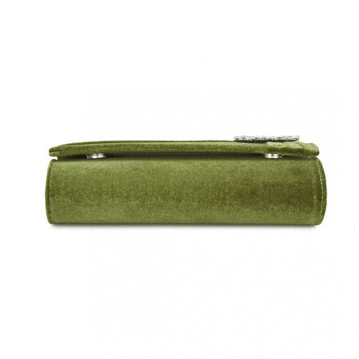 Velvet Evening Clutch with Crystal Ring and Detachable Chain Strap – Green