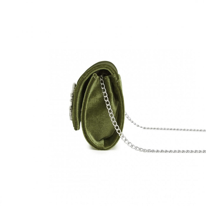 Velvet Evening Clutch with Crystal Ring and Detachable Chain Strap – Green