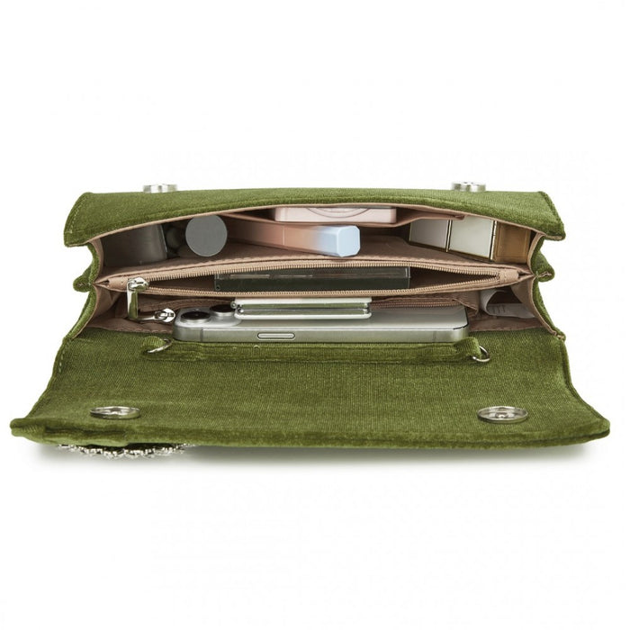 Velvet Evening Clutch with Crystal Ring and Detachable Chain Strap – Green