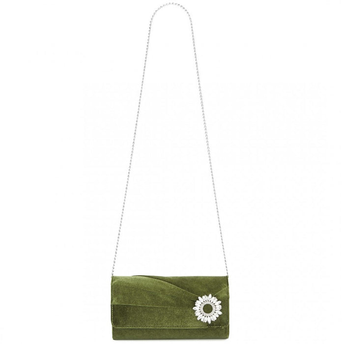 Velvet Evening Clutch with Crystal Ring and Detachable Chain Strap – Green