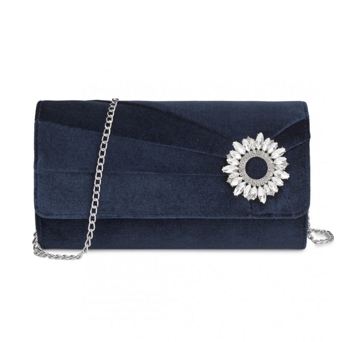 Velvet Evening Clutch with Crystal Ring and Detachable Chain Strap – Navy