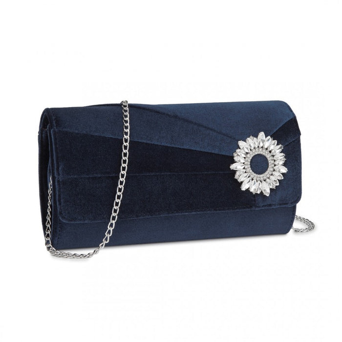 Velvet Evening Clutch with Crystal Ring and Detachable Chain Strap – Navy