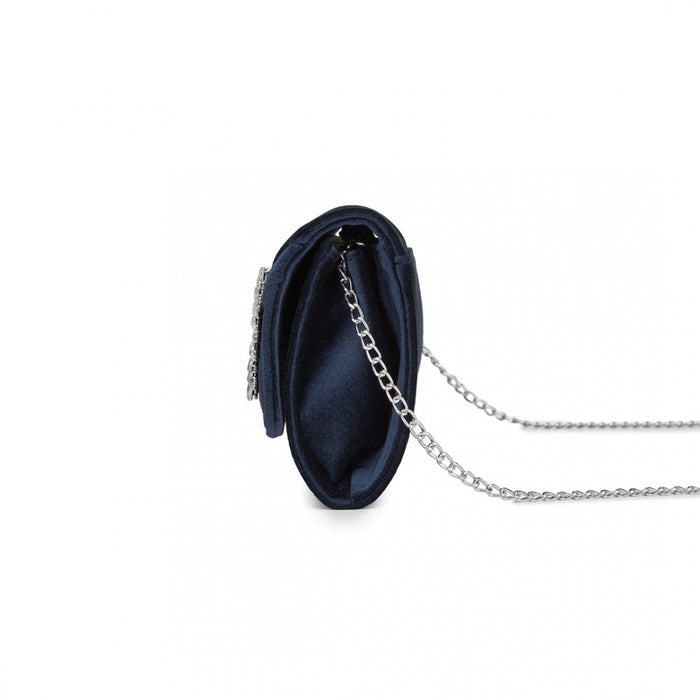Velvet Evening Clutch with Crystal Ring and Detachable Chain Strap – Navy