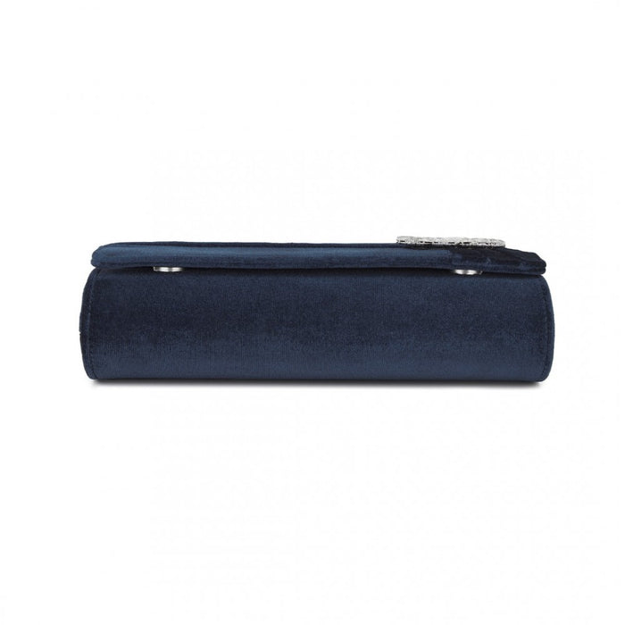 Velvet Evening Clutch with Crystal Ring and Detachable Chain Strap – Navy