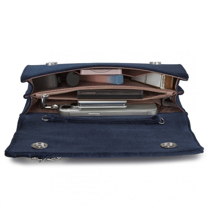 Velvet Evening Clutch with Crystal Ring and Detachable Chain Strap – Navy