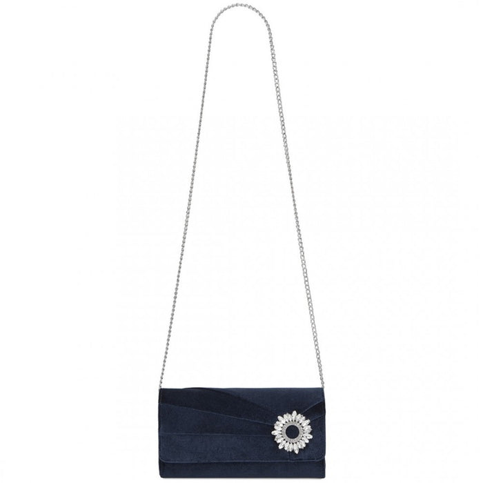 Velvet Evening Clutch with Crystal Ring and Detachable Chain Strap – Navy