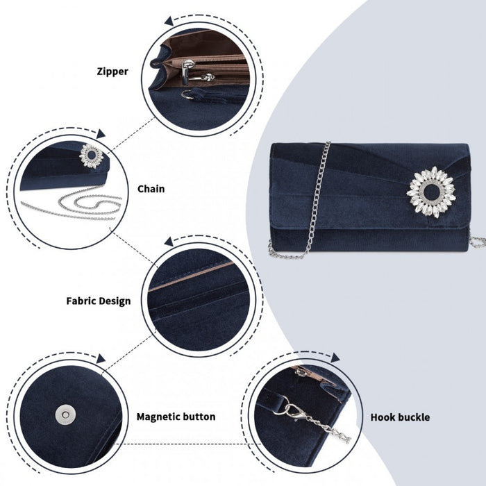 Velvet Evening Clutch with Crystal Ring and Detachable Chain Strap – Navy