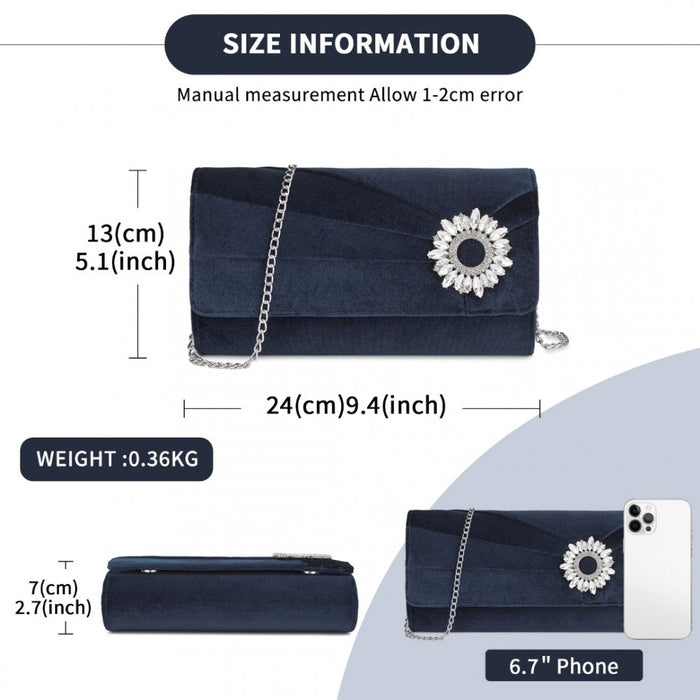 Velvet Evening Clutch with Crystal Ring and Detachable Chain Strap – Navy