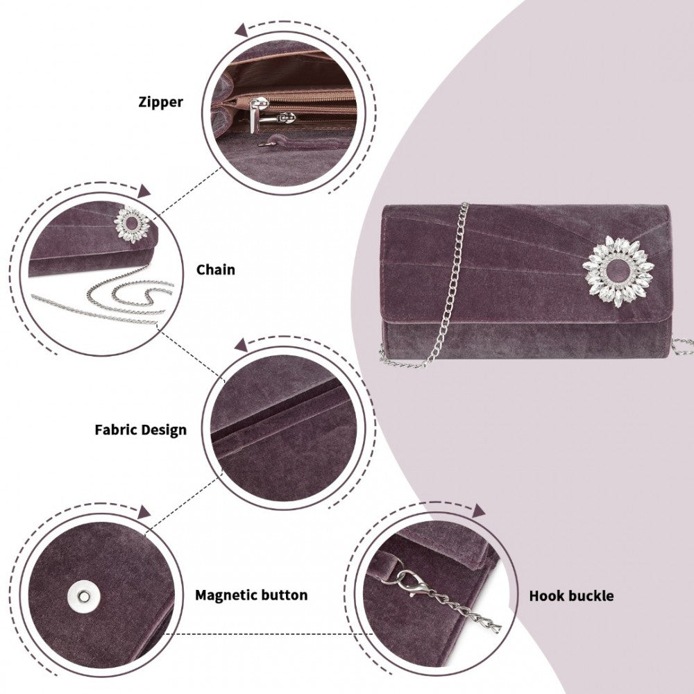 Velvet Evening Clutch with Crystal Ring and Detachable Chain Strap – Purple
