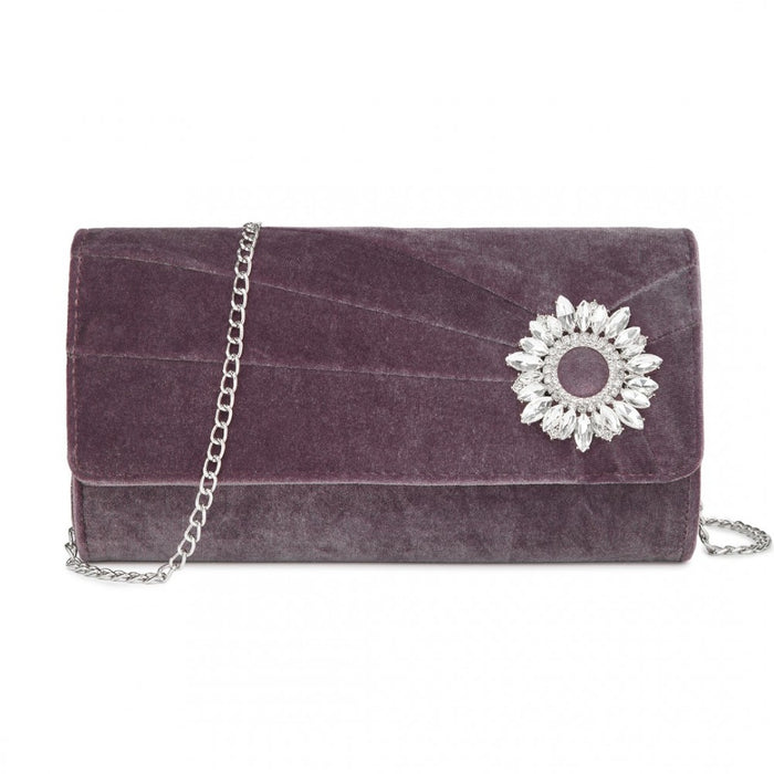Velvet Evening Clutch with Crystal Ring and Detachable Chain Strap – Purple