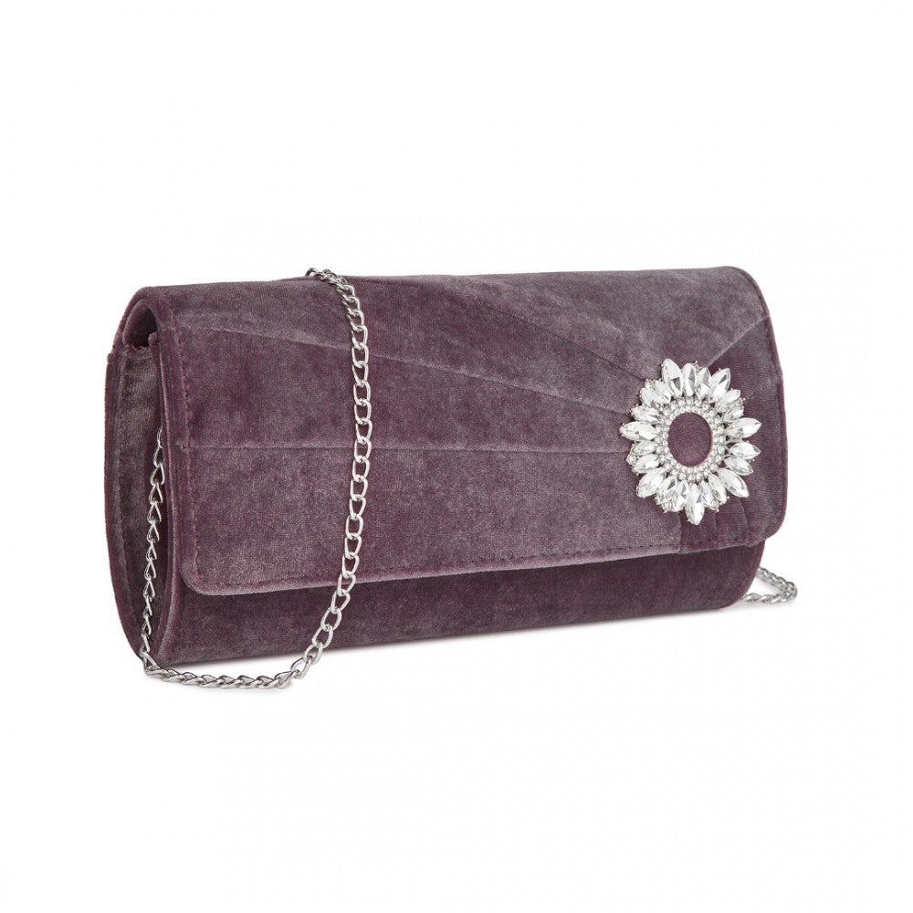 Velvet Evening Clutch with Crystal Ring and Detachable Chain Strap – Purple