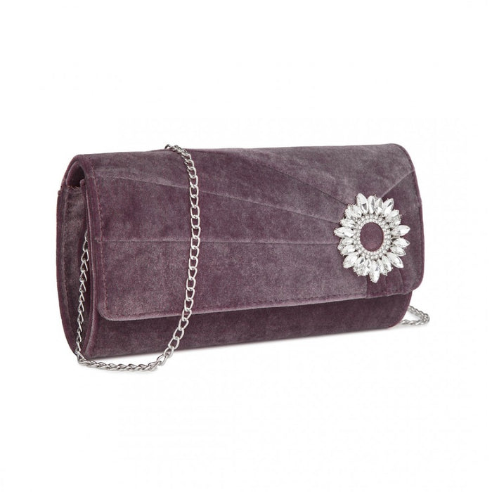 Velvet Evening Clutch with Crystal Ring and Detachable Chain Strap – Purple