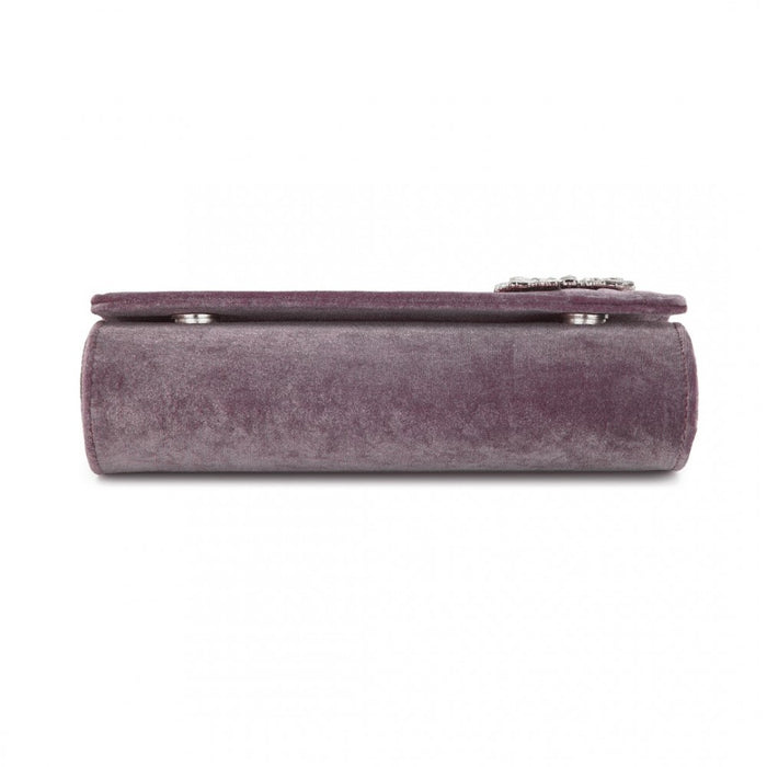 Velvet Evening Clutch with Crystal Ring and Detachable Chain Strap – Purple