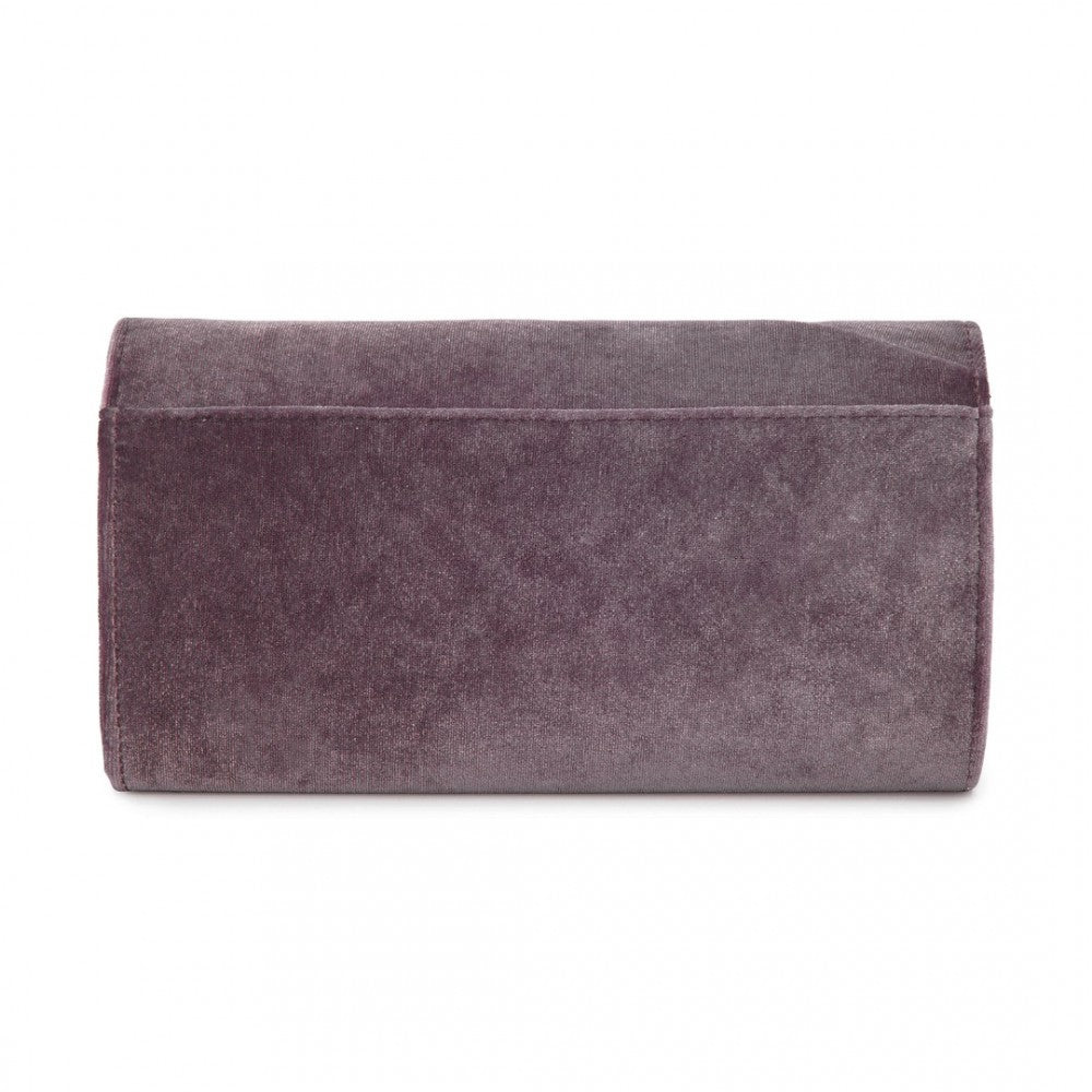 Velvet Evening Clutch with Crystal Ring and Detachable Chain Strap – Purple