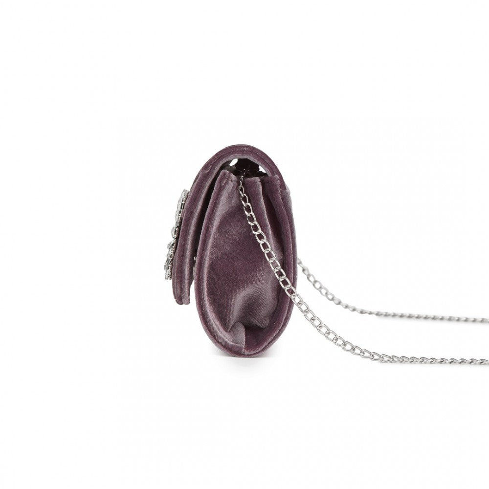 Velvet Evening Clutch with Crystal Ring and Detachable Chain Strap – Purple