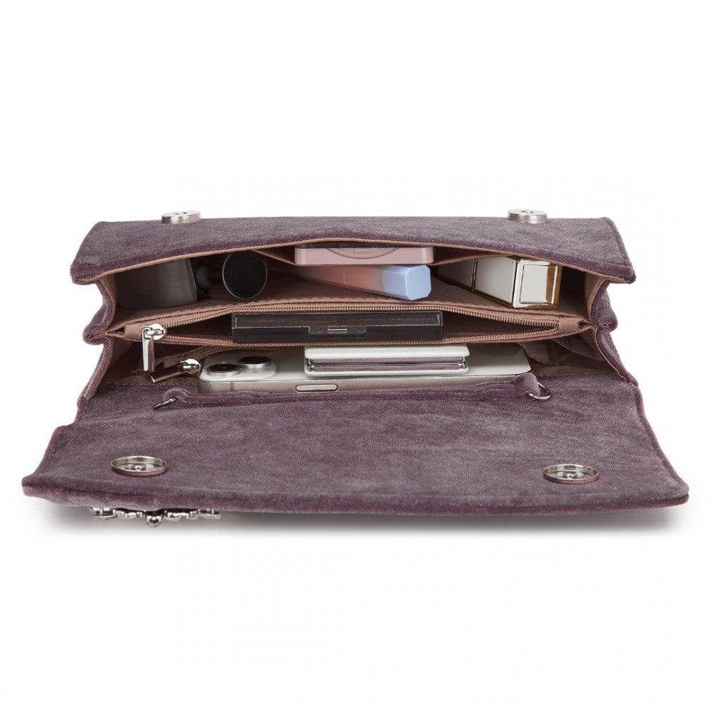 Velvet Evening Clutch with Crystal Ring and Detachable Chain Strap – Purple