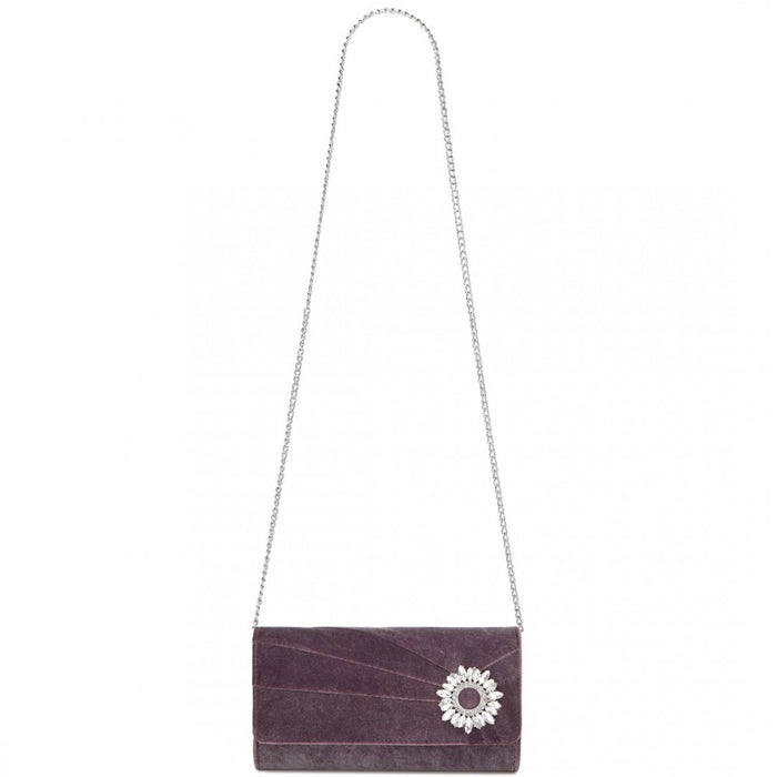 Velvet Evening Clutch with Crystal Ring and Detachable Chain Strap – Purple
