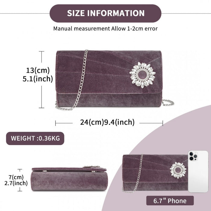 Velvet Evening Clutch with Crystal Ring and Detachable Chain Strap – Purple