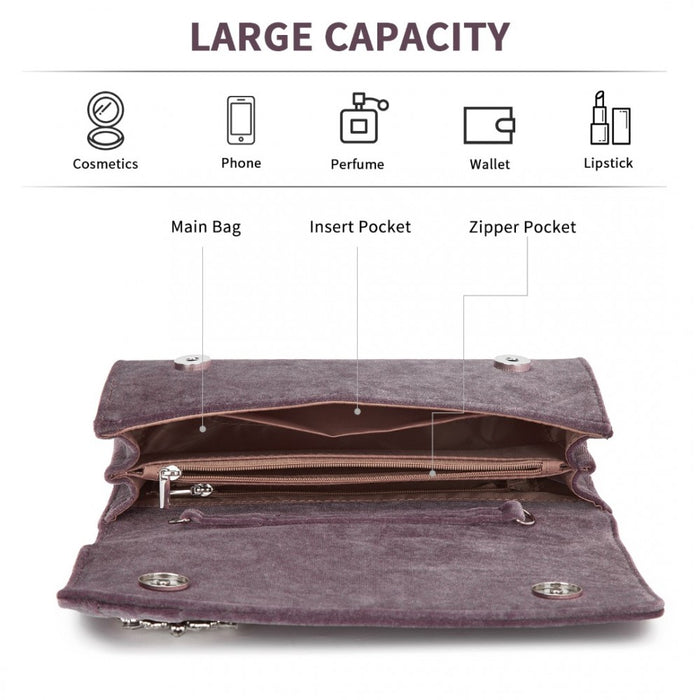 Velvet Evening Clutch with Crystal Ring and Detachable Chain Strap – Purple
