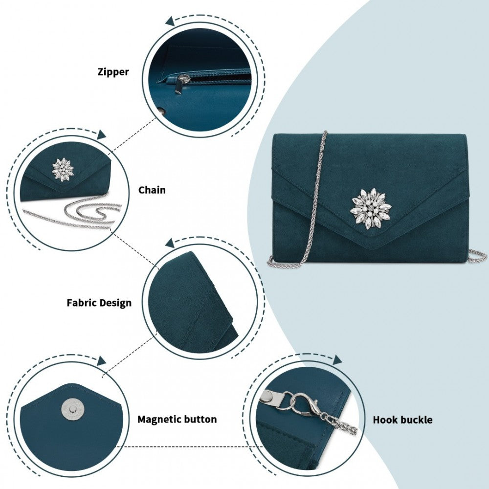 Faux Suede Evening Clutch with Crystal Flower and Detachable Chain Strap – Navy