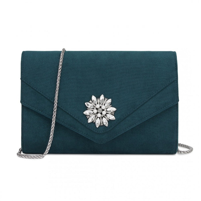Faux Suede Evening Clutch with Crystal Flower and Detachable Chain Strap – Navy