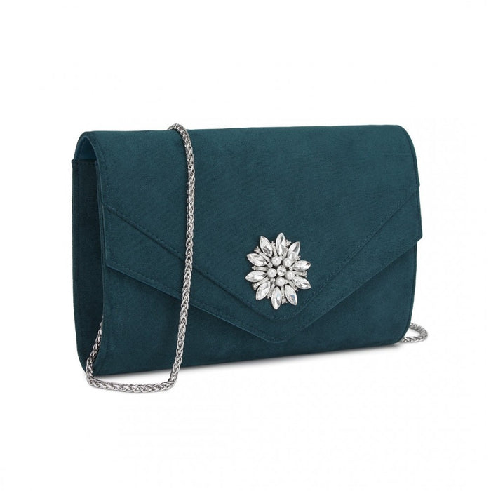 Faux Suede Evening Clutch with Crystal Flower and Detachable Chain Strap – Navy