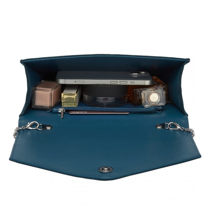 Faux Suede Evening Clutch with Crystal Flower and Detachable Chain Strap – Navy