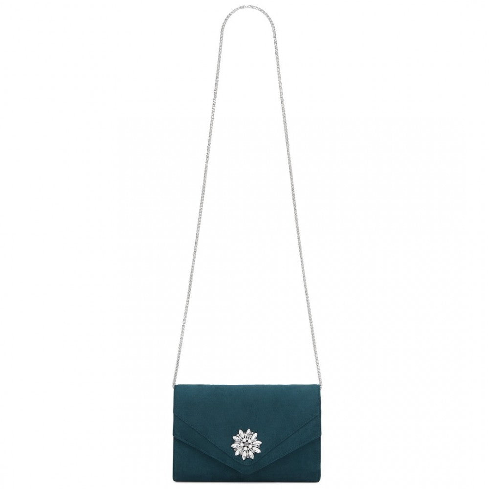Faux Suede Evening Clutch with Crystal Flower and Detachable Chain Strap – Navy