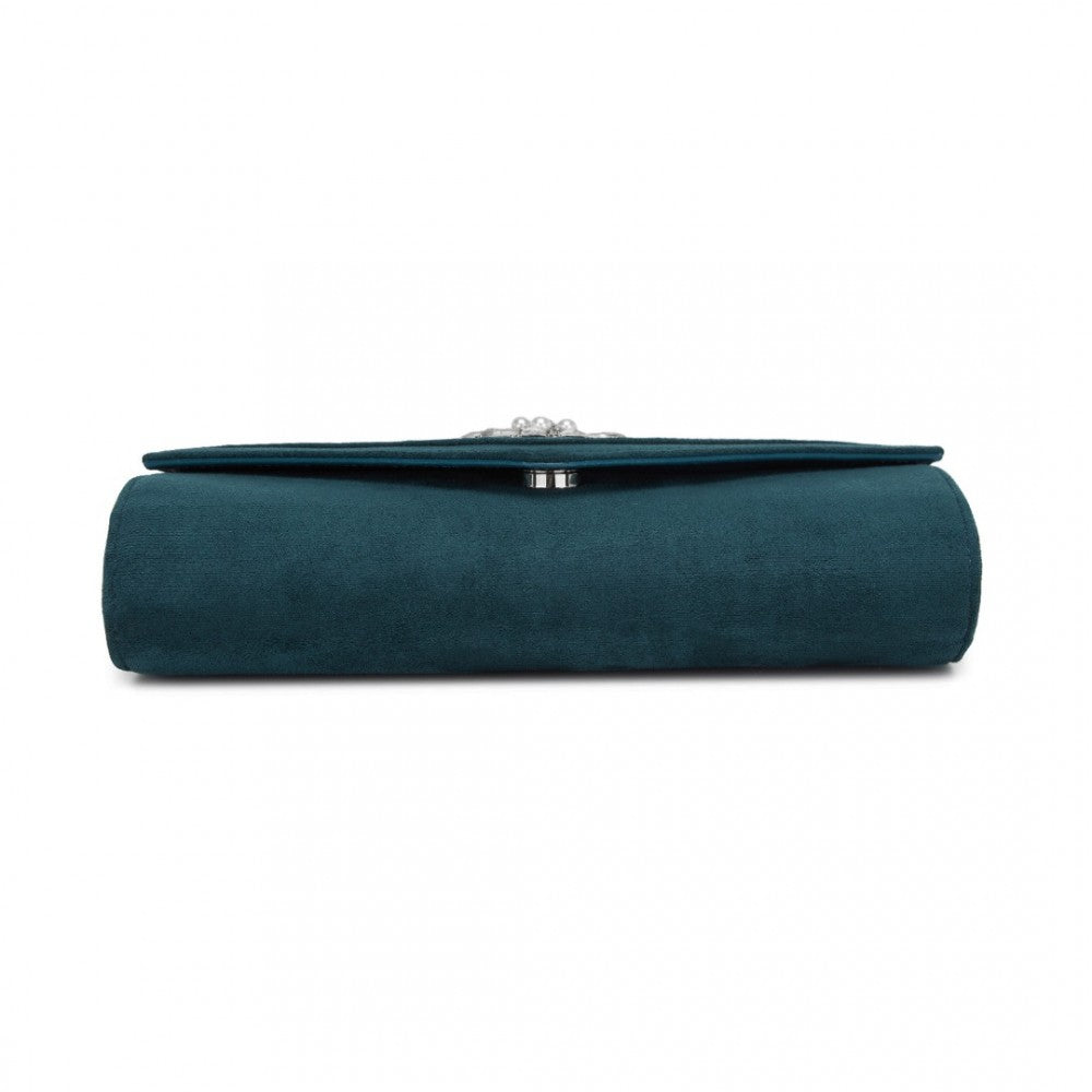 Faux Suede Evening Clutch with Crystal Flower and Detachable Chain Strap – Navy