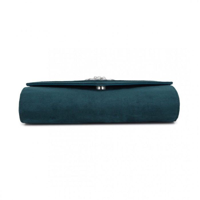 Faux Suede Evening Clutch with Crystal Flower and Detachable Chain Strap – Navy