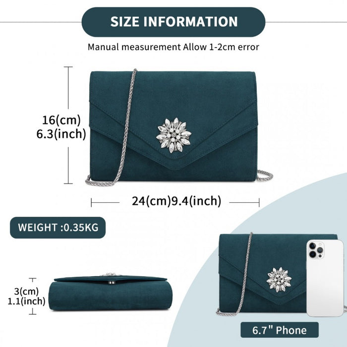 Faux Suede Evening Clutch with Crystal Flower and Detachable Chain Strap – Navy