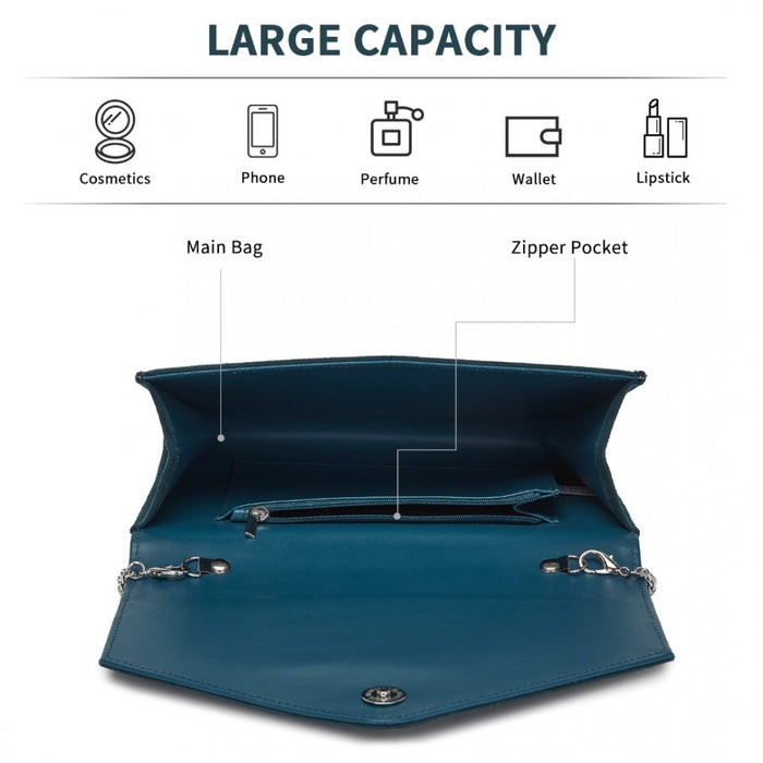 Faux Suede Evening Clutch with Crystal Flower and Detachable Chain Strap – Navy
