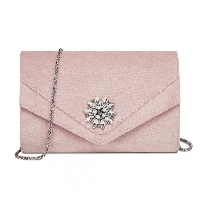 Faux Suede Evening Clutch with Crystal Flower and Detachable Chain Strap – Pink