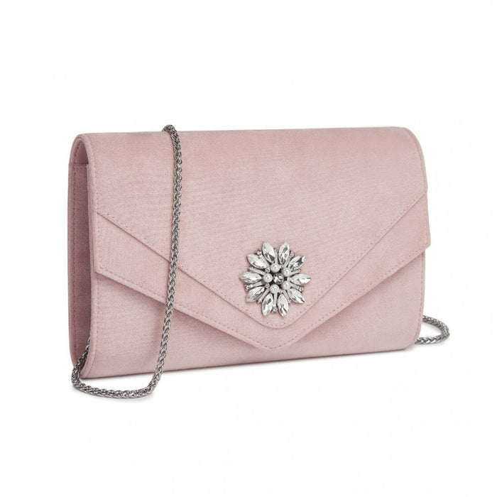 Faux Suede Evening Clutch with Crystal Flower and Detachable Chain Strap – Pink