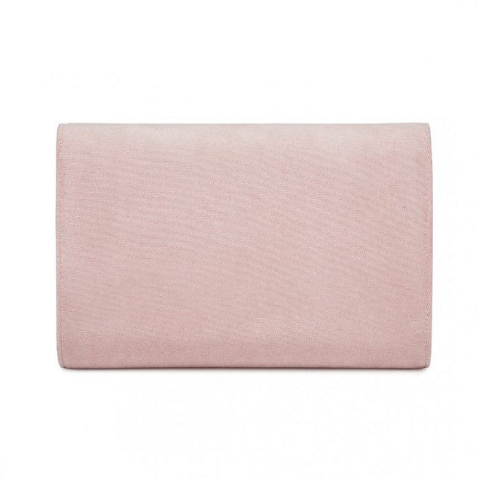 Faux Suede Evening Clutch with Crystal Flower and Detachable Chain Strap – Pink