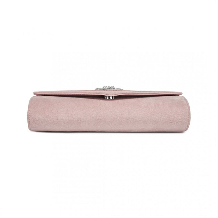 Faux Suede Evening Clutch with Crystal Flower and Detachable Chain Strap – Pink