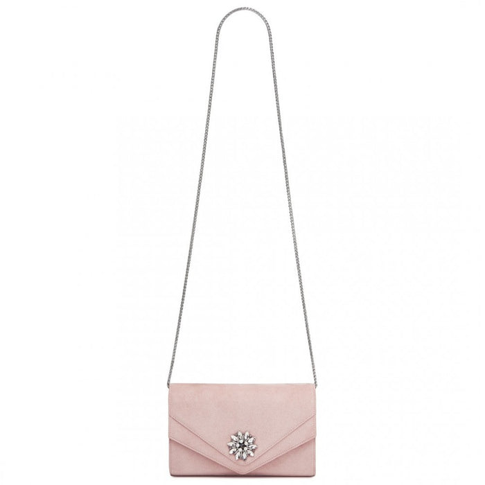 Faux Suede Evening Clutch with Crystal Flower and Detachable Chain Strap – Pink
