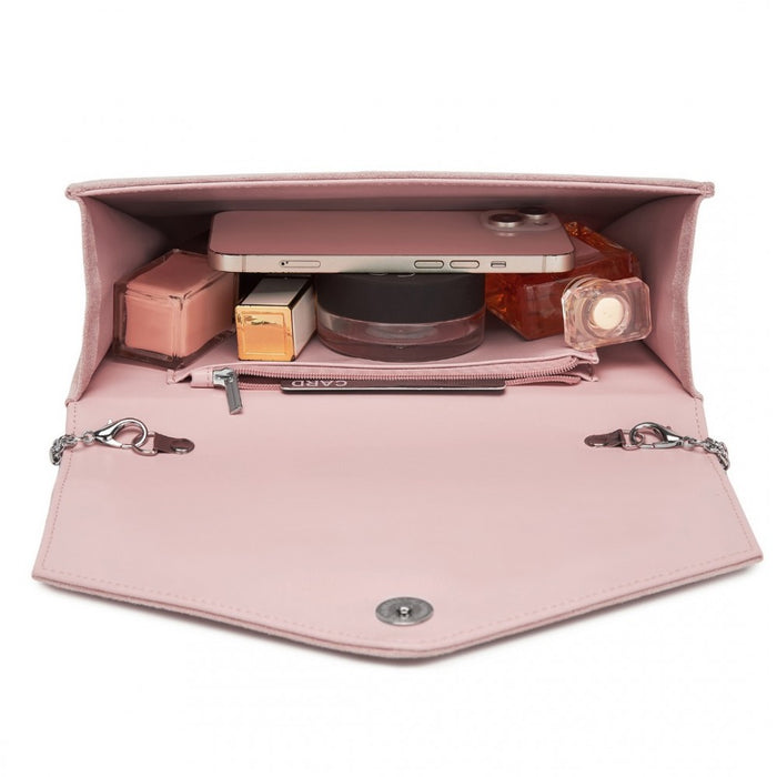 Faux Suede Evening Clutch with Crystal Flower and Detachable Chain Strap – Pink