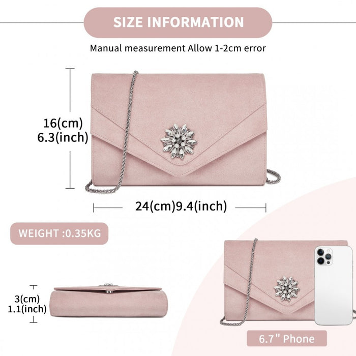Faux Suede Evening Clutch with Crystal Flower and Detachable Chain Strap – Pink