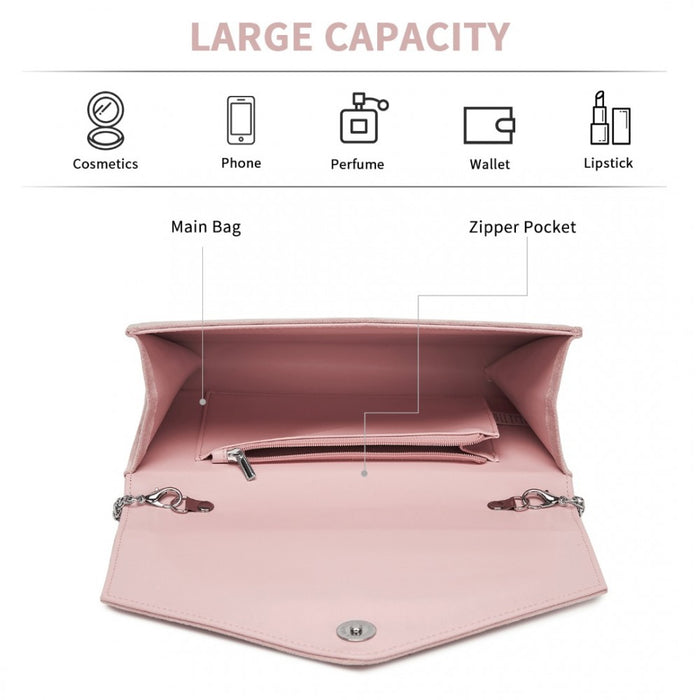 Faux Suede Evening Clutch with Crystal Flower and Detachable Chain Strap – Pink