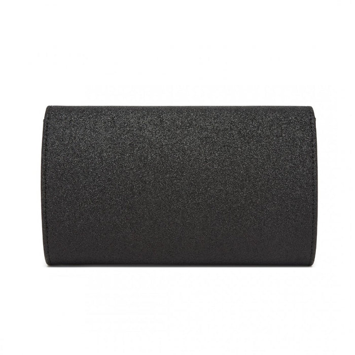 Women's Glitter Envelope Clutch with V-Metal Trim and Detachable Chain Strap – Black