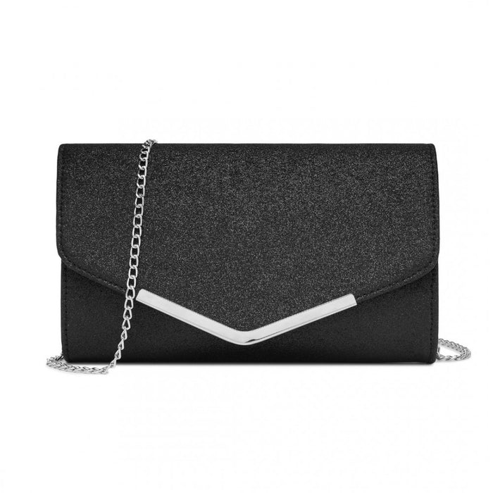 Women's Glitter Envelope Clutch with V-Metal Trim and Detachable Chain Strap – Black