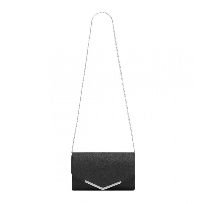 Women's Glitter Envelope Clutch with V-Metal Trim and Detachable Chain Strap – Black