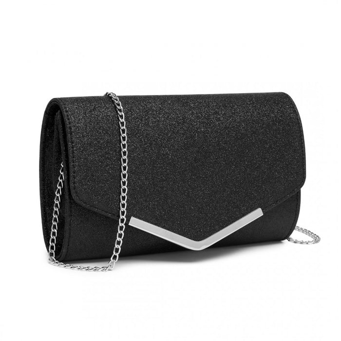 Women's Glitter Envelope Clutch with V-Metal Trim and Detachable Chain Strap – Black