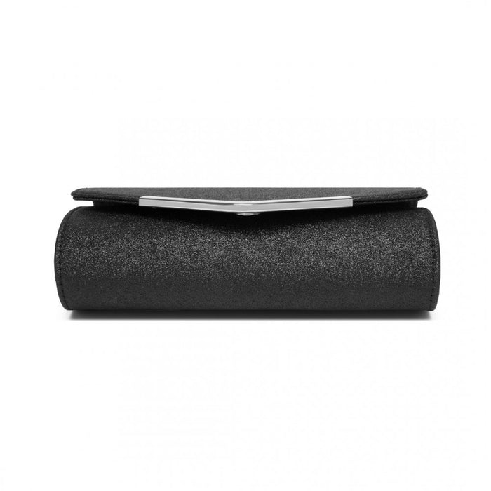 Women's Glitter Envelope Clutch with V-Metal Trim and Detachable Chain Strap – Black