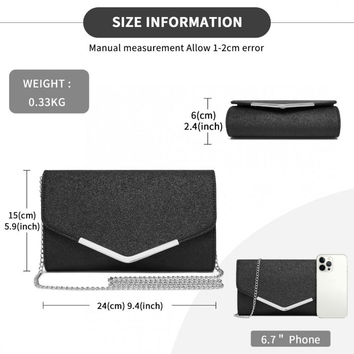Women's Glitter Envelope Clutch with V-Metal Trim and Detachable Chain Strap – Black