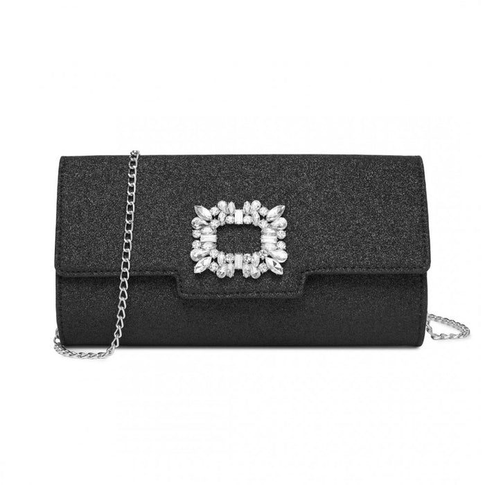 Glitter Evening Clutch with Crystal Embellishment and Detachable Chain Strap – Black
